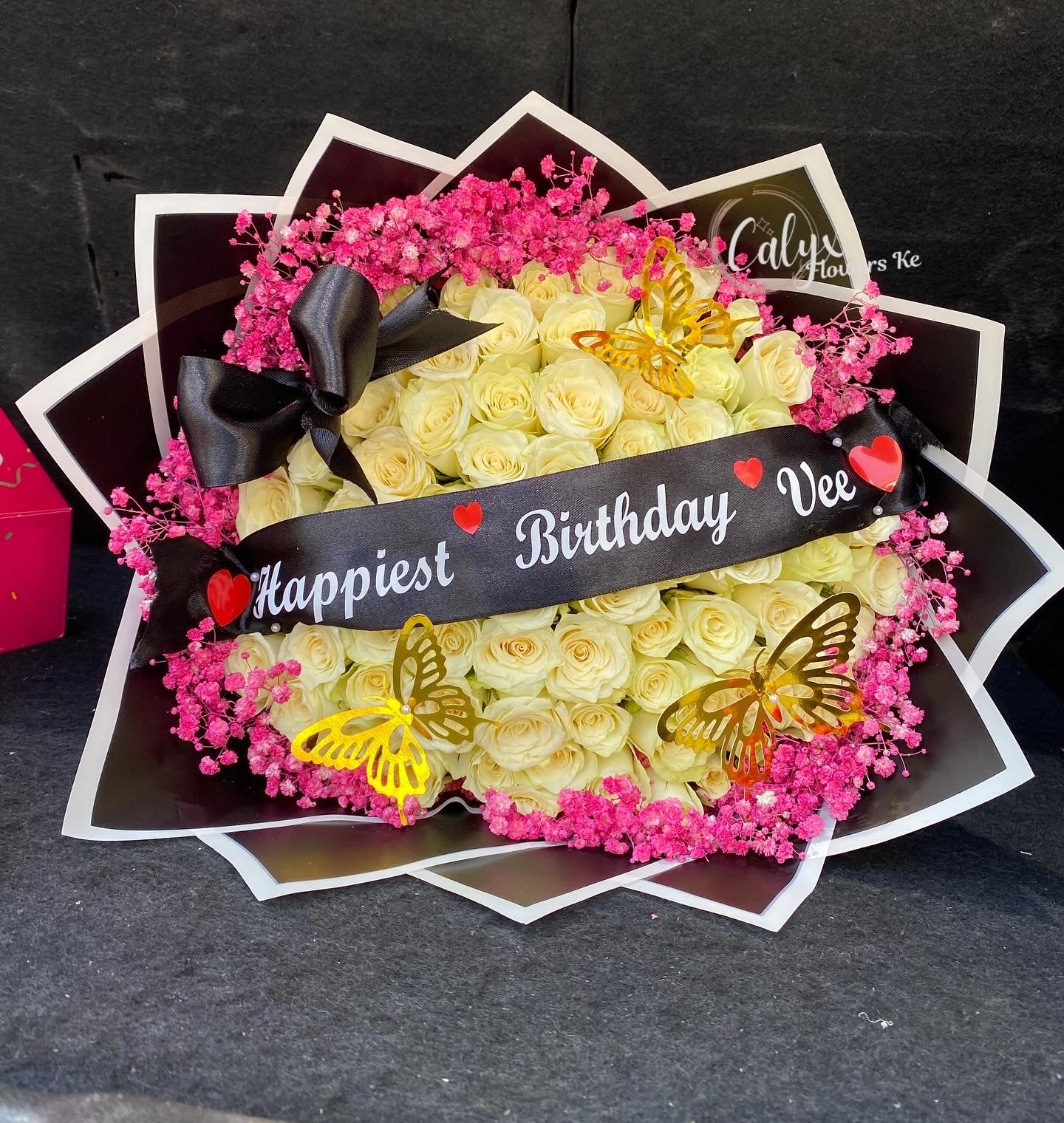 Golden Butterfly White Roses Bouquet