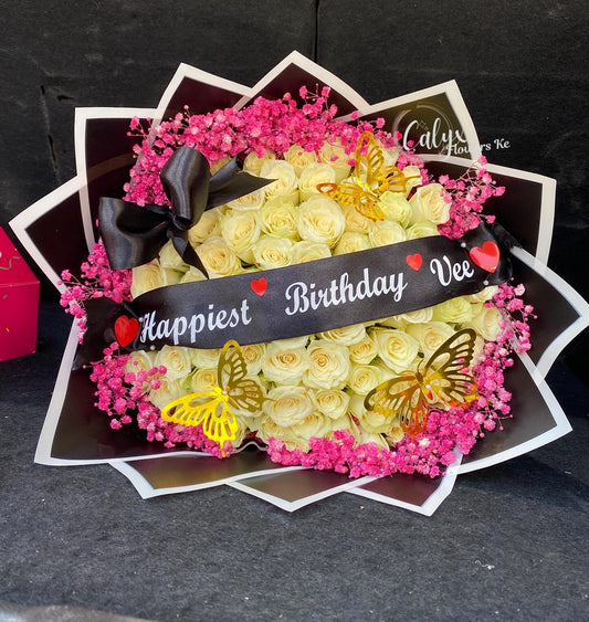 Golden Butterfly White Roses Bouquet